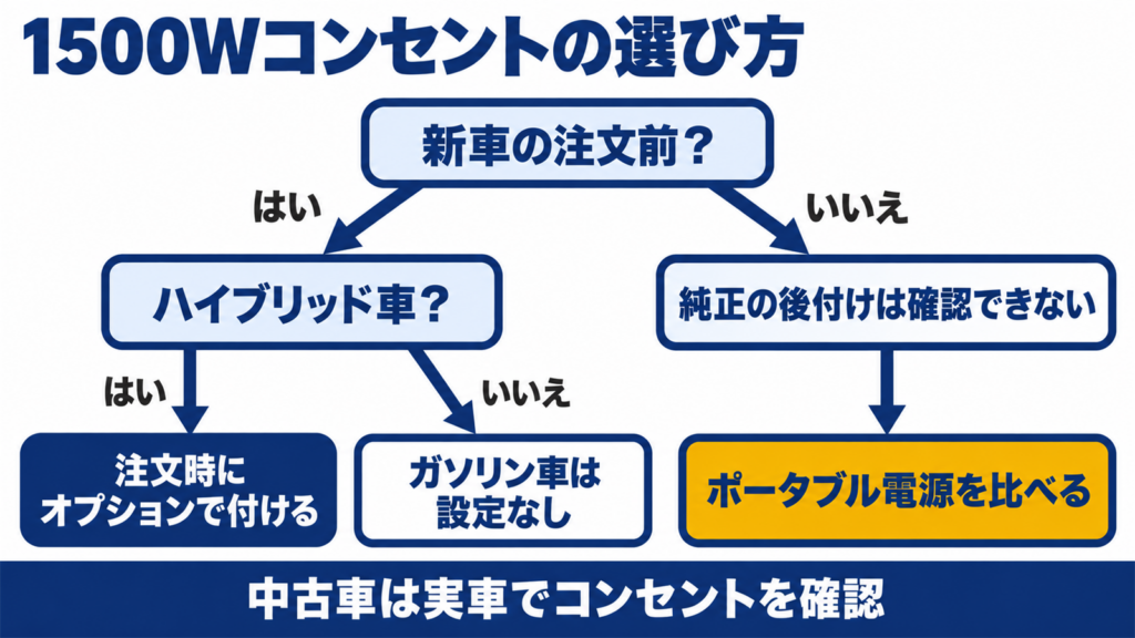 注文前か購入済みかで1500Wコンセントの選び方が分かれる流れ図