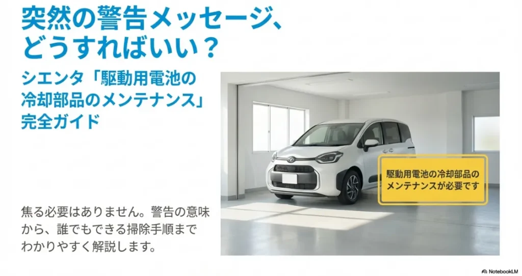 トヨタ・シエンタのメーターに表示される「駆動用電池の冷却部品のメンテナンスが必要です」という警告メッセージと車両のイメージ