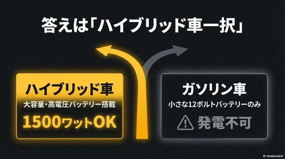 大容量バッテリーを持つハイブリッド車と、発電不可なガソリン車の比較
