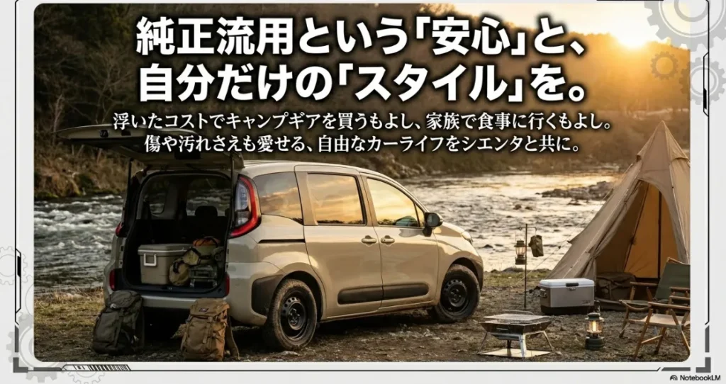 純正流用と自分だけのスタイルを両立し、自由なカーライフを楽しむシエンタオーナーへのメッセージ。