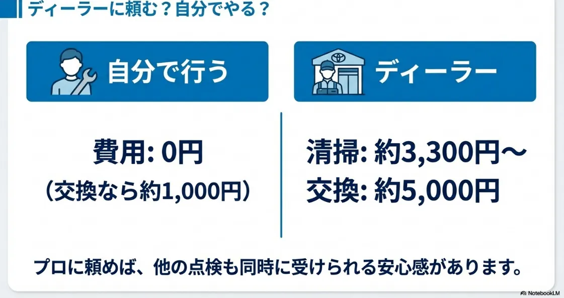 セルフメンテナンス(0円)とディーラーでの清掃・交換費用の比較表