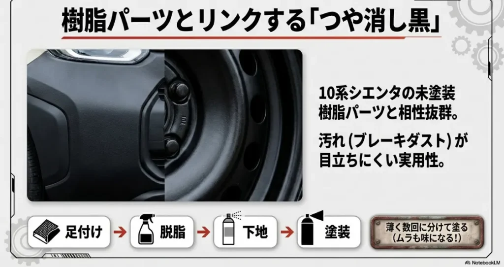 10系シエンタの未塗装樹脂パーツとつや消し黒のスチールホイールが調和する様子と塗装手順。