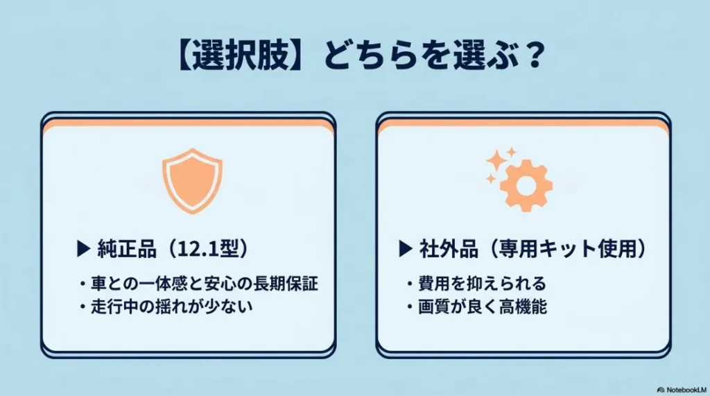 シエンタ純正モニター12.1型と社外品モニターの比較。純正は一体感と保証、社外品は費用を抑えられ高画質な点が特徴。