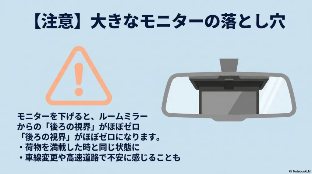 フリップダウンモニターを使用する際の注意点。モニターを下げるとルームミラーからの後方視界が遮られる問題の解説。