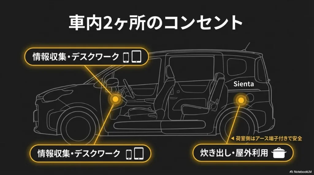 インパネ部と荷室側のコンセント位置。荷室側はアース端子付きで安全