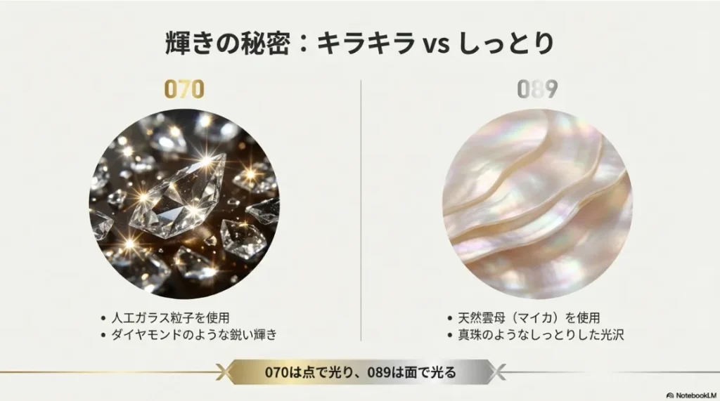 人工ガラス粒子を使用する070（点で光る）と、天然雲母を使用する089（面で光る）の輝きの違いを説明するスライド