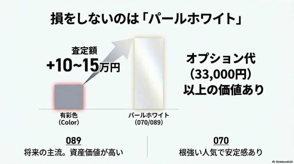 パールホワイト（070/089）を選ぶことで査定額がプラス10〜15万円アップすることを示すリセール価値のスライド