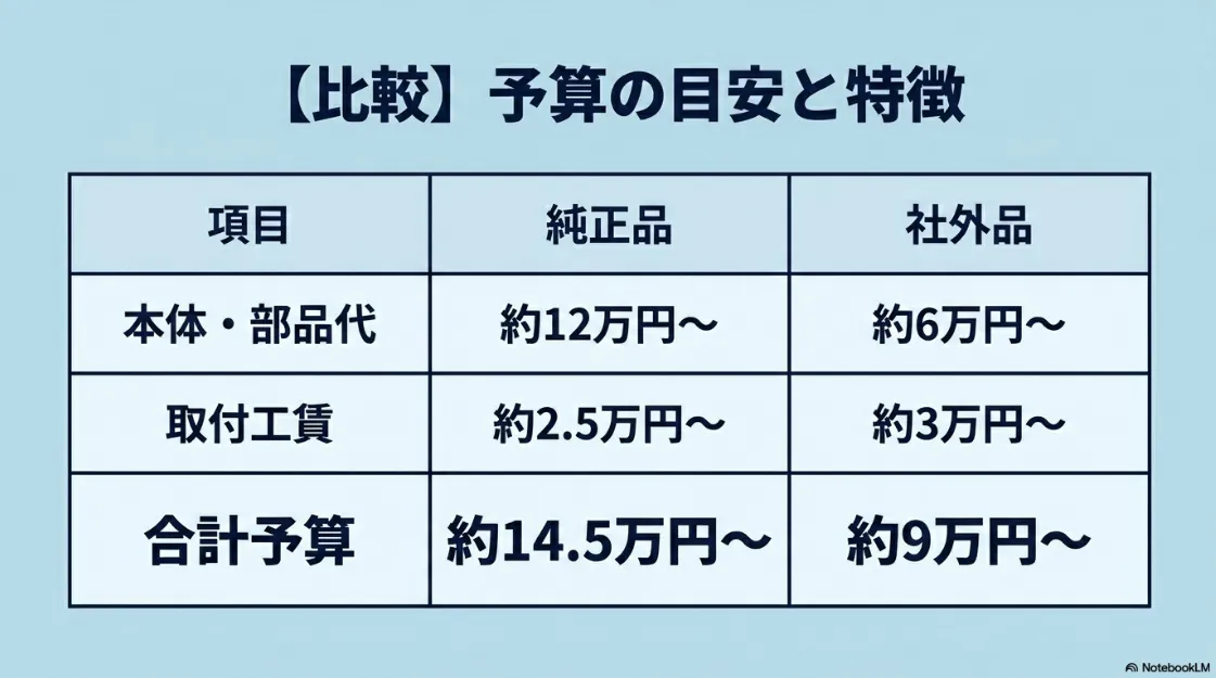 純正品と社外品の後席モニター導入コスト比較表。本体代と工賃を合わせた合計予算の目安。