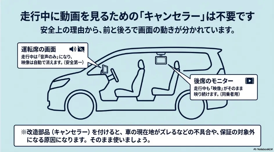 シエンタでは走行中に前席画面の動画が消え、後席モニターでは同乗者向け映像を表示できる仕組み