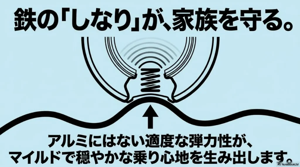 スチール素材のしなりが路面の振動を吸収し乗り心地をマイルドにする仕組み
