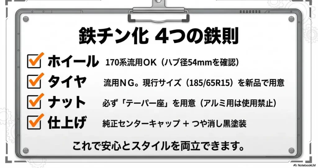 ホイール流用の可否、タイヤ新調、ナット形状の厳守、仕上げのコツをまとめたチェックリスト。