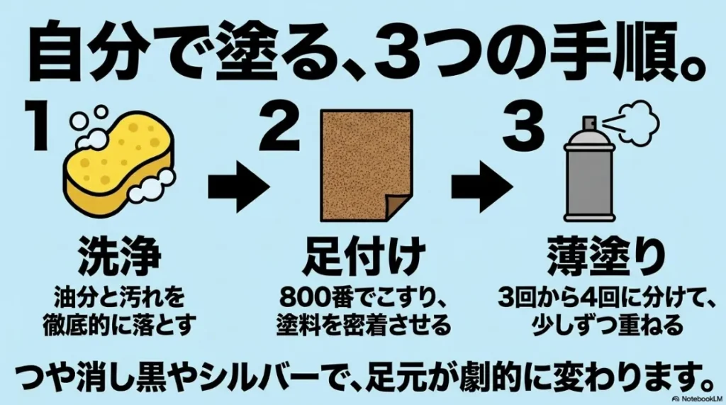 鉄チンホイール塗装の3ステップ。洗浄・足付け・薄塗りの手順解説内容： DIY塗装の手順