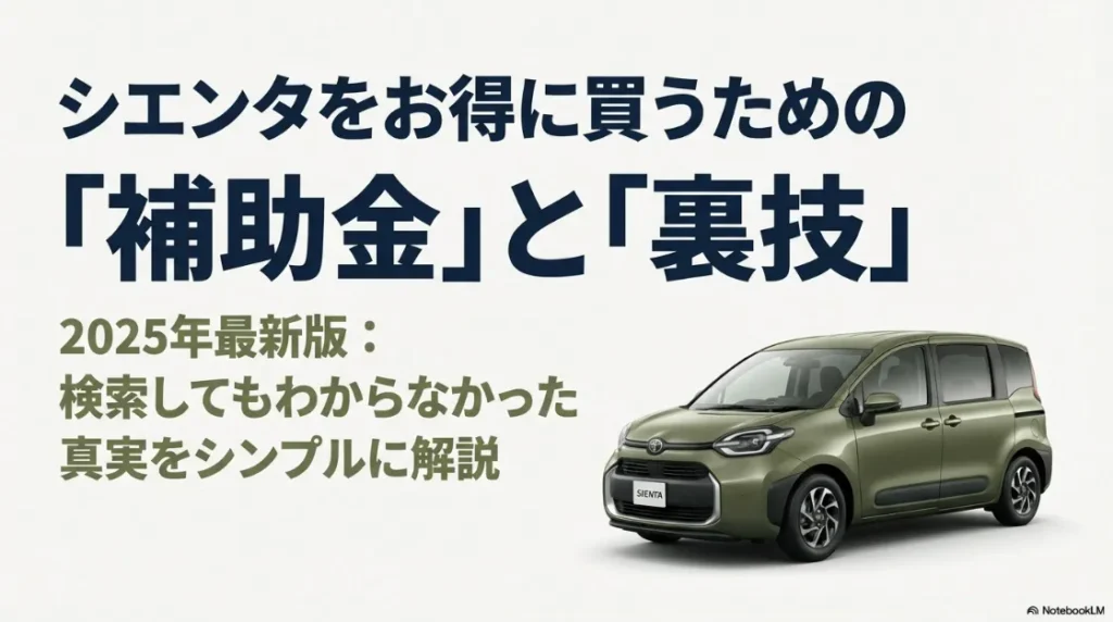 2025年最新版、トヨタ・シエンタを補助金と裏技でお得に購入するための解説資料表紙。