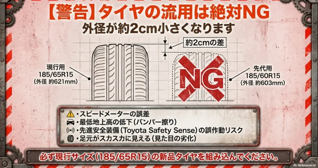 185/65R15（現行用）と185/60R15（先代用）の外径差約2cmを解説。スピードメーター誤差や安全装備への影響を警告。
