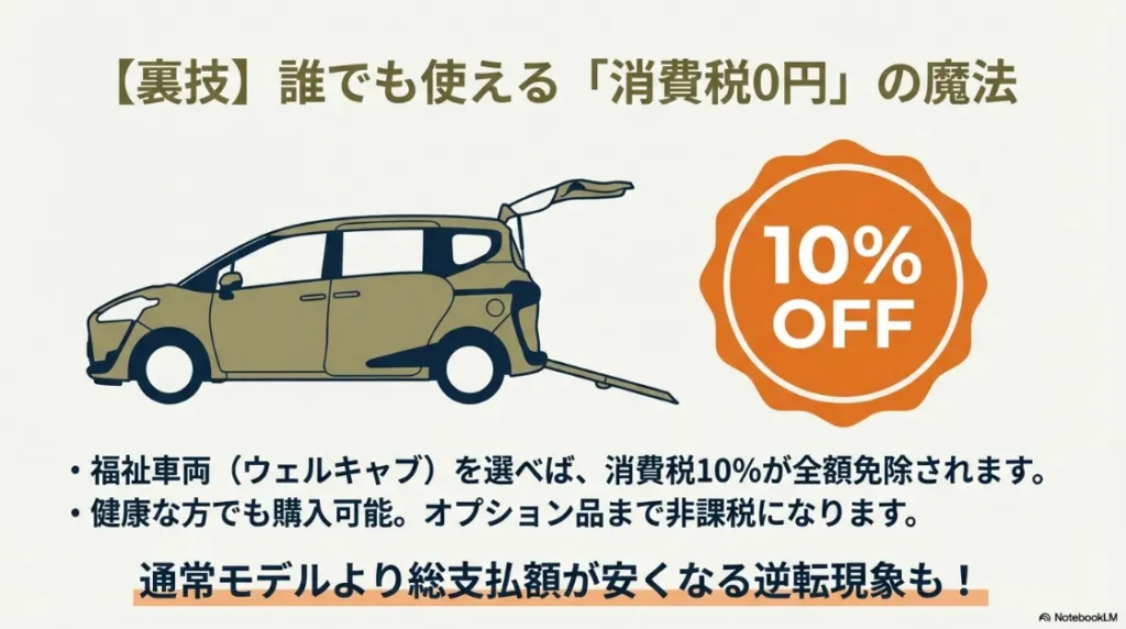 福祉車両（ウェルキャブ）を選ぶことで、障害者手帳の有無に関わらず車両本体の消費税が非課税になる仕組みを解説したスライド。