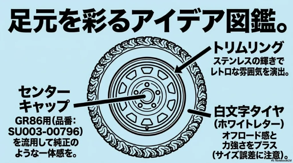 トリムリング、GR86用センターキャップ、ホワイトレタータイヤのカスタム例まとめ