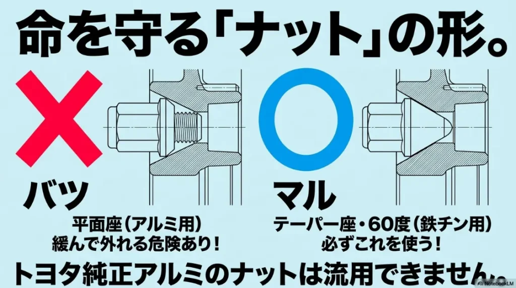 トヨタ純正アルミ用の平面座ナットと鉄チン用のテーパー座ナットの形状違いと危険性の解説