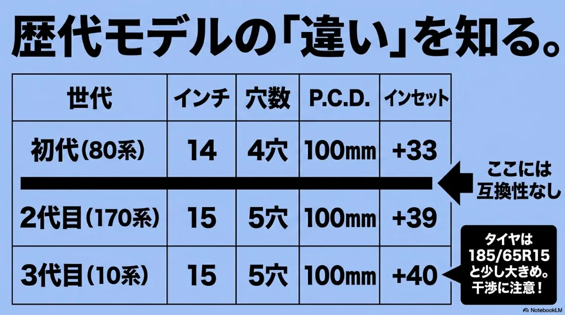 初代・2代目・3代目シエンタのホイールインチ数・穴数・PCD・インセットの比較表