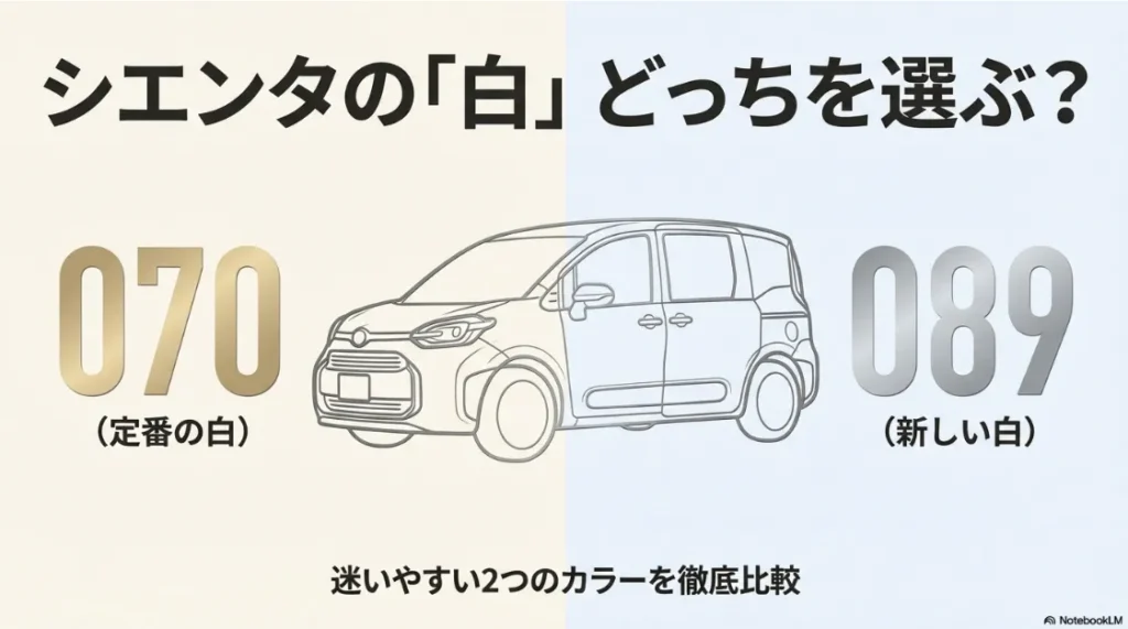 シエンタのボディカラー、ホワイトパールクリスタルシャイン(070)とプラチナホワイトパールマイカ(089)を比較する解説記事の表紙スライド