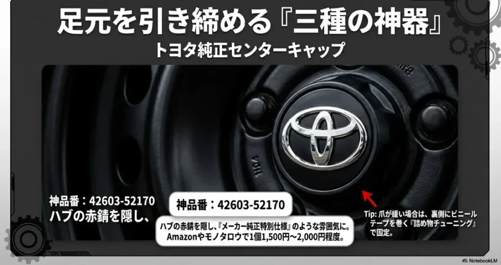 トヨタ純正センターキャップを装着してハブの赤錆を隠し、足元を引き締めるカスタム。