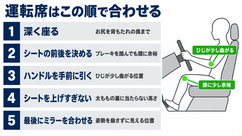 深く座る、シートの前後、ハンドル、シートの高さ、ミラーの順に運転席を合わせる5つの手順の図