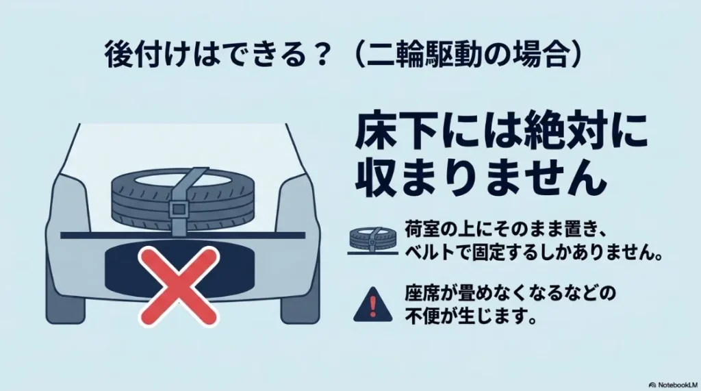 2WDシエンタにスペアタイヤを後付けする場合の注意。床下には収まらず、荷室の上に置いてベルト固定する必要があることを示すイラスト。