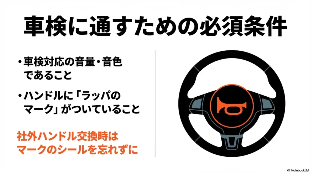 車検に通るための音量・音色の条件と、ステアリングにラッパのマークが必要であることを説明するイラスト。