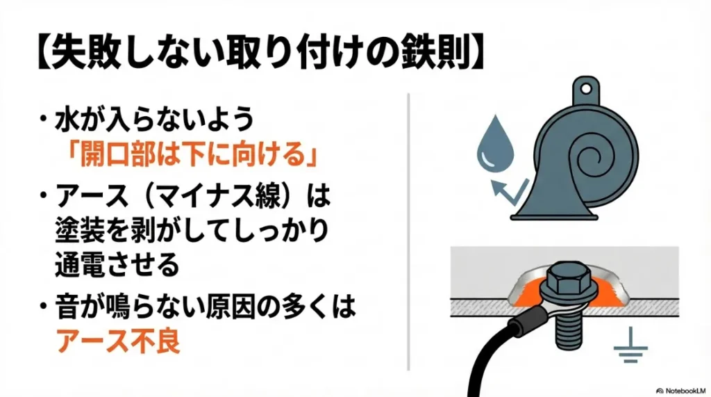 ホーンの開口部を下に向ける防水対策と、塗装を剥がしてアースを確実に取るポイントを説明する技術図解。