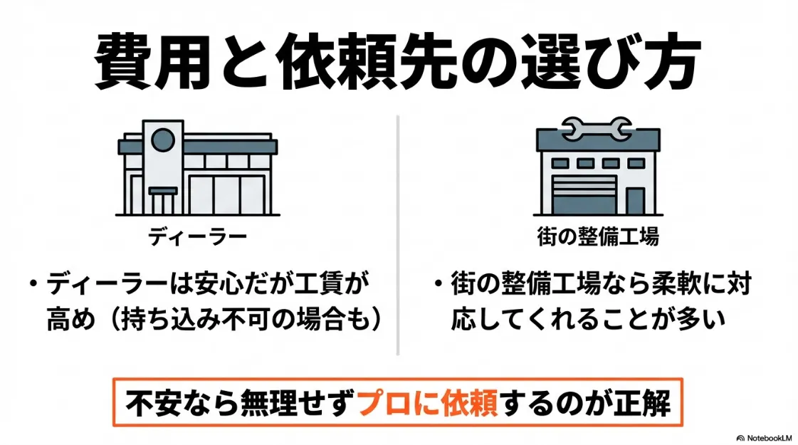 ディーラーと街の整備工場の特徴を比較し、不安な場合はプロに依頼することを推奨するまとめスライド。