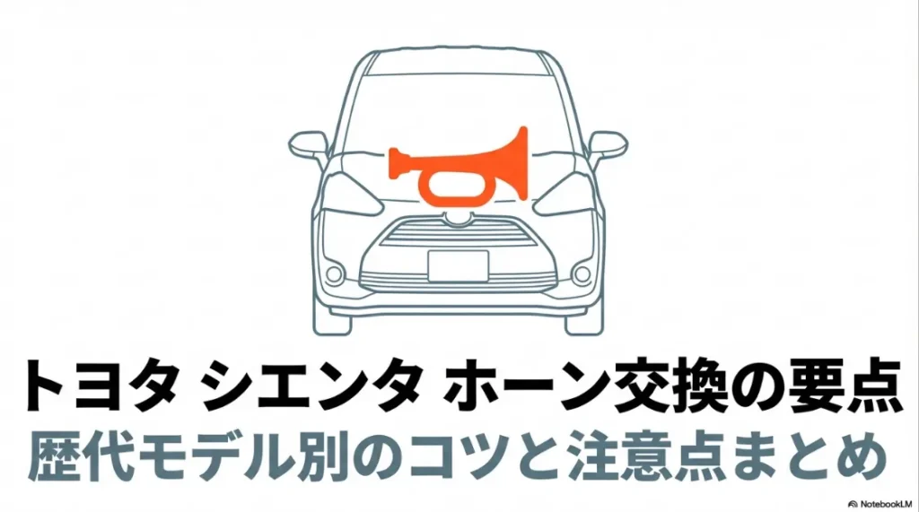 トヨタ シエンタのホーン交換について、歴代モデル別のコツと注意点をまとめた解説資料の表紙画像。