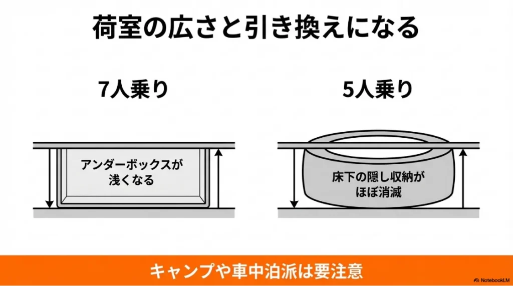 荷室アンダーボックスの断面図。「アンダーボックスが浅くなる」「床下の隠し収納がほぼ消滅」という注意書き。