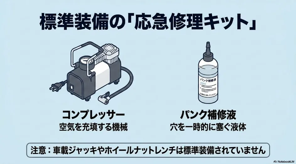 シエンタのタイヤパンク応急修理キットに含まれるコンプレッサーとパンク補修液のイラスト