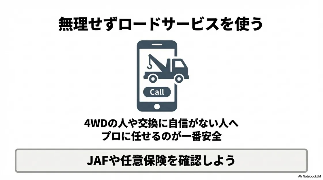 スマートフォンとレッカー車のアイコン。「無理せずロードサービスを使う。4WDの人や交換に自信がない人はプロに任せるのが一番安全」というメッセージ。