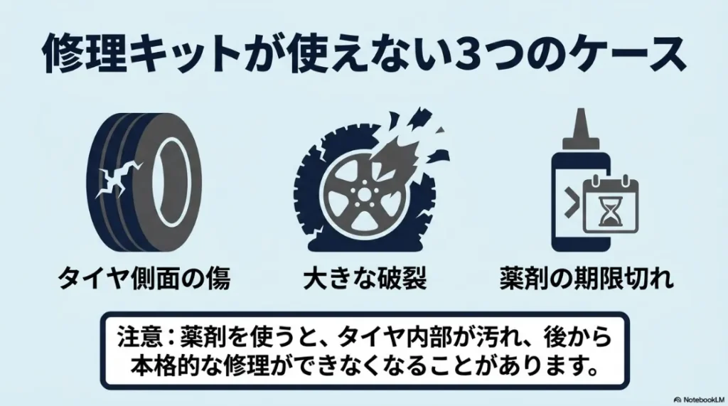 パンク修理キットが使えない3つのケース。側面傷、大きな破裂、薬剤の期限切れを説明するイラスト。
