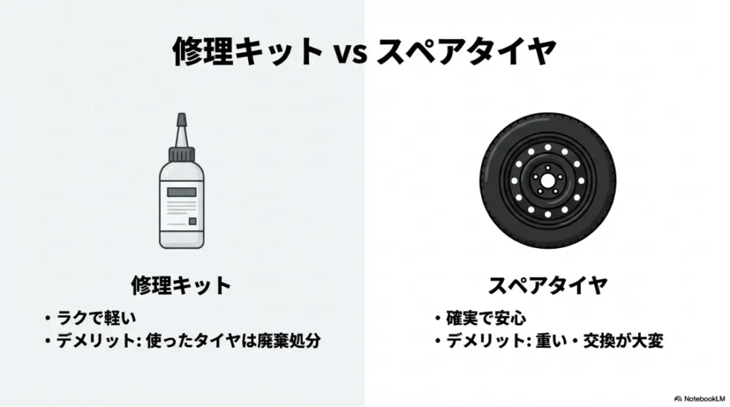 スペアタイヤと修理キットの比較。修理キットは「ラクで軽い」、スペアタイヤは「確実で安心」といった特徴を並べた図。