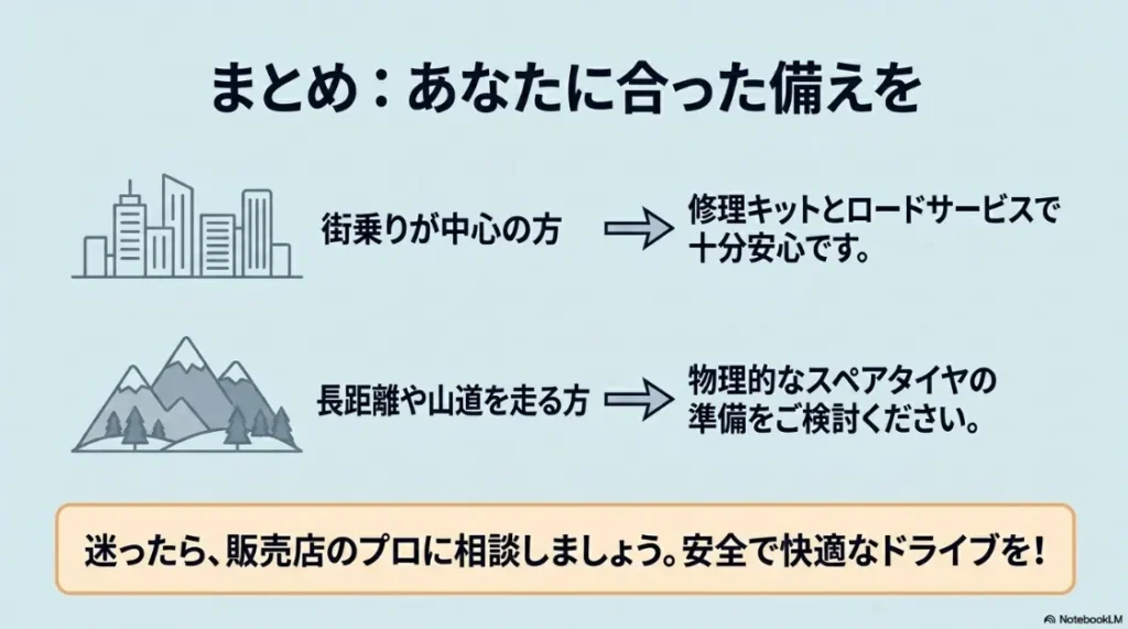 まとめ。街乗り中心ならロードサービス、長距離・山道ならスペアタイヤという、用途に合わせた備えの推奨。