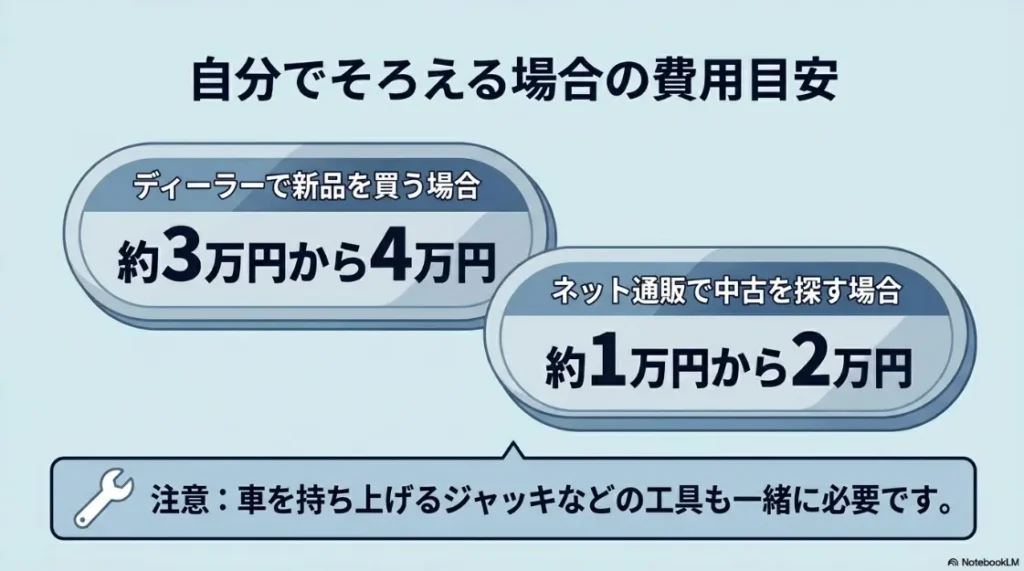 スペアタイヤを自分で揃える場合の費用目安。ディーラー新品なら3〜4万円、ネット中古なら1〜2万円という価格比較。