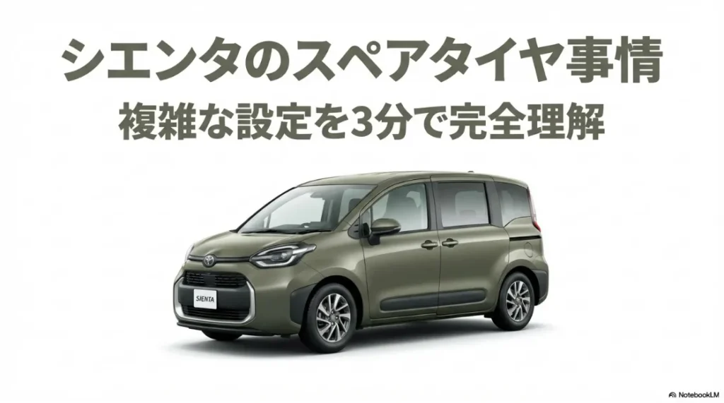 トヨタ・シエンタの外観写真と「シエンタのスペアタイヤ事情：複雑な設定を3分で完全理解」というタイトル。