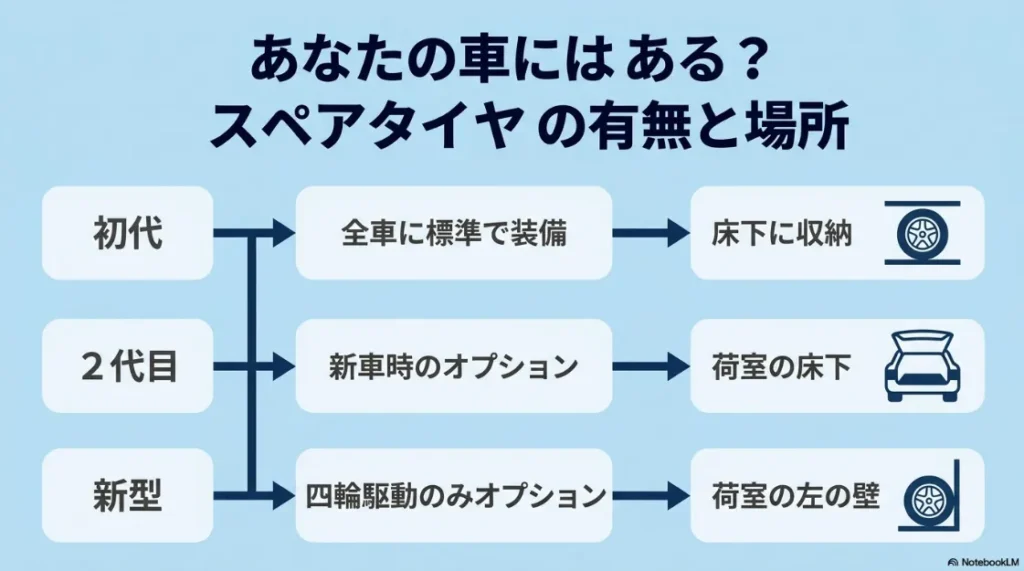 歴代シエンタのスペアタイヤの有無と場所。初代は床下標準、2代目は床下オプション、新型は4WDのみ壁面オプションであることを説明する比較表。