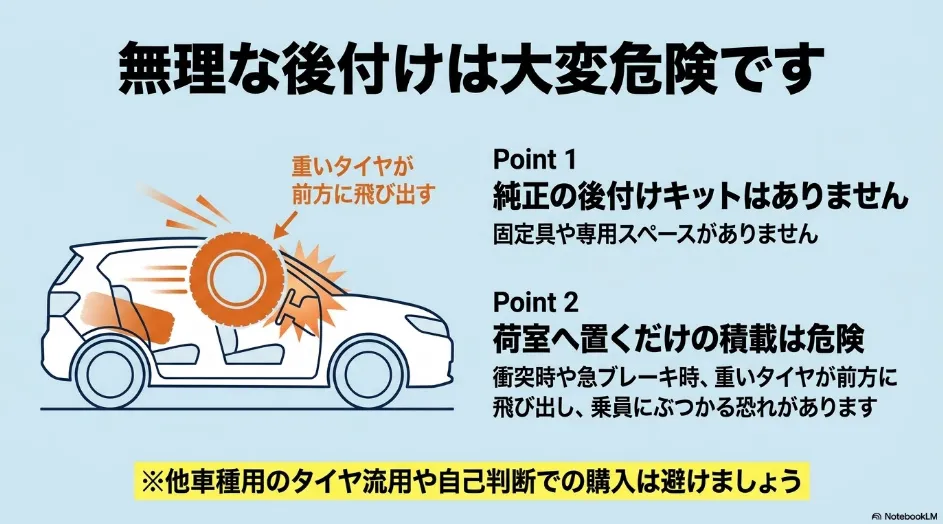 固定していないスペアタイヤが急ブレーキや衝突時に車内前方へ移動する危険を示すイラスト