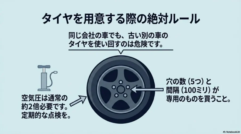 スペアタイヤを用意する際のルール。5穴、PCD100、空気圧は通常の2倍必要といった注意点をまとめたイラスト。
