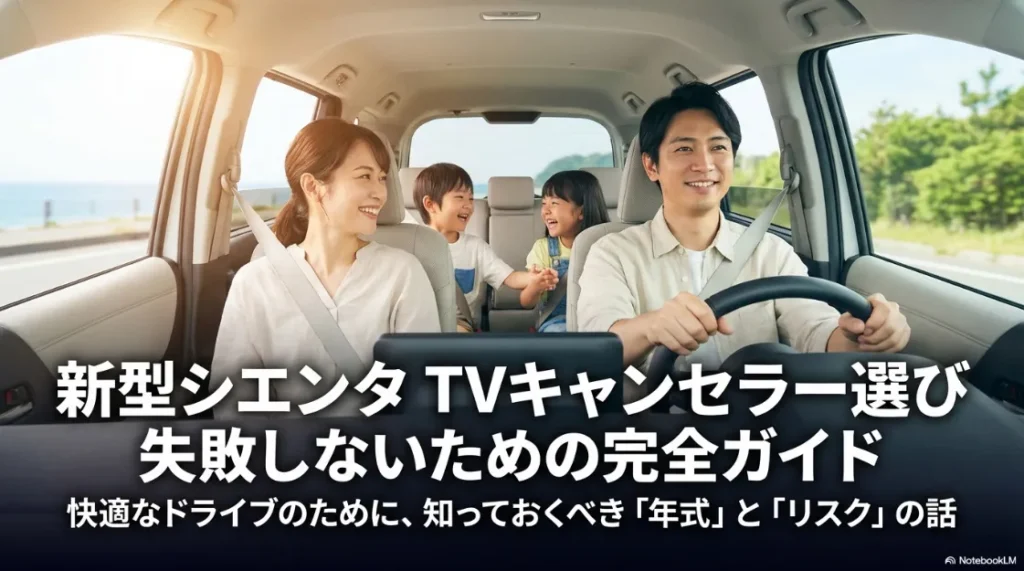 新型シエンタのテレビキャンセラー選びで失敗しないための完全ガイドのスライド表紙。年式とリスクについての解説を含む。