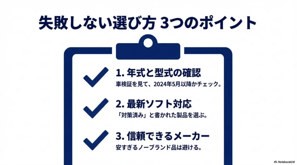 1.年式と型式の確認、2.最新ソフト対応、3.信頼できるメーカーの3つのポイントを解説。