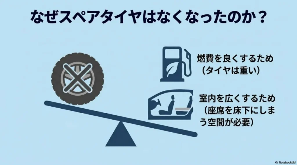 シエンタにスペアタイヤがなくなった理由。燃費向上のための軽量化と、座席を床下に収納するスペース確保のためであることを示す図解。
