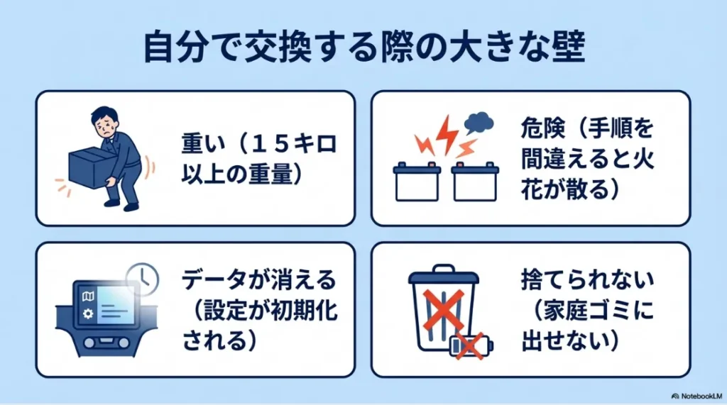 自分でバッテリー交換をする際の壁として、重量、設定の初期化、火花の危険、ゴミ捨ての困難さを挙げたスライド画像。