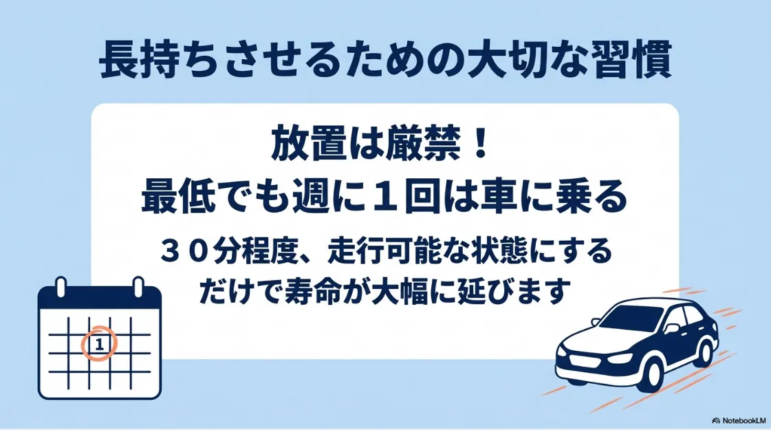 バッテリーを長持ちさせる習慣として、最低でも週に1回、30分程度走行可能な状態にすることを推奨するスライド画像。