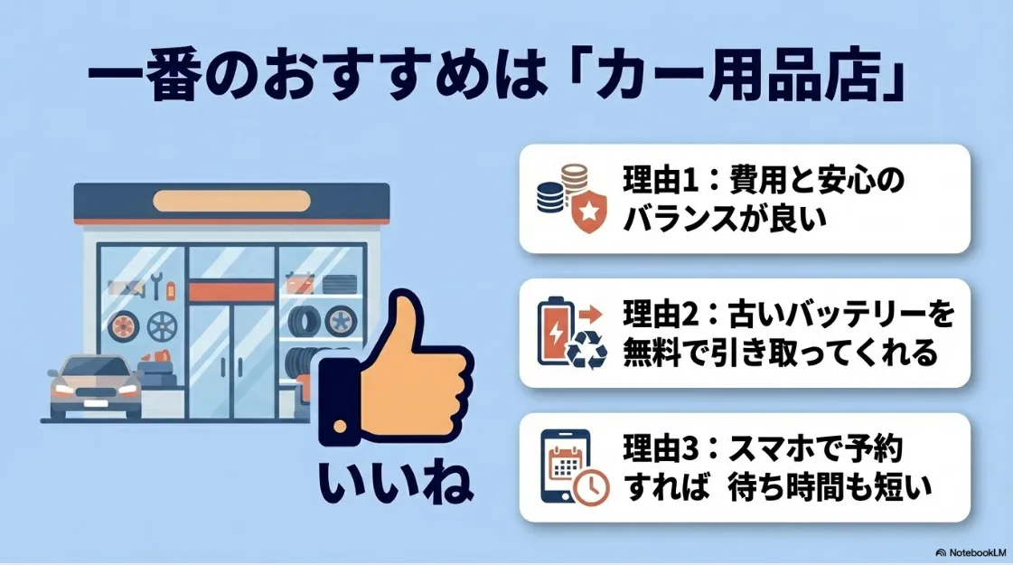 シエンタのバッテリー交換にカー用品店がおすすめな理由として、費用バランス、無料引き取り、スマホ予約の3点を挙げたスライド画像。