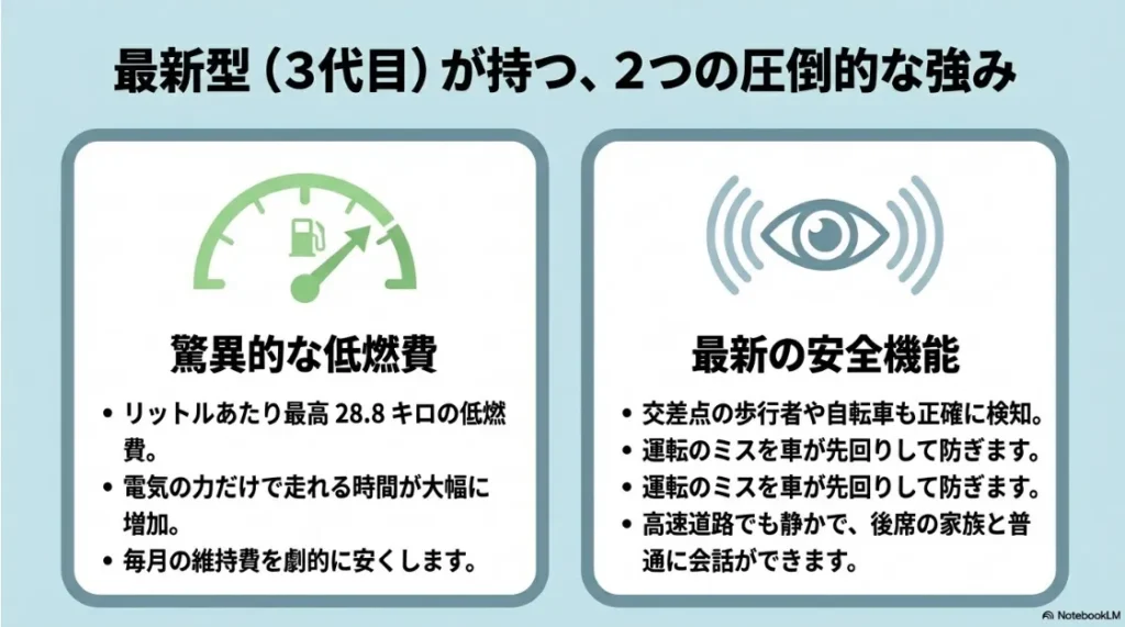 最新3代目シエンタの強みであるリッター28.8キロの低燃費と、歩行者・自転車検知などの安全機能