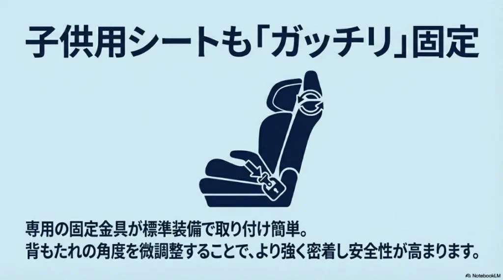 子供用シートをガッチリ固定。専用金具と背もたれ角度の微調整で安全性を向上