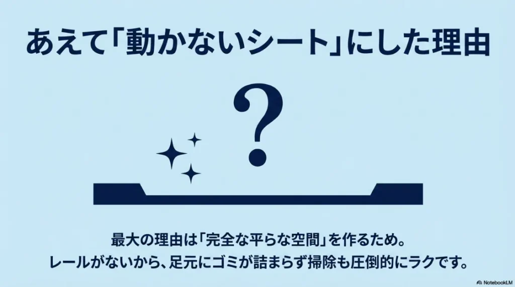 あえて動かないシートにした理由は完全な平らな空間を作るため。レールがないので掃除もラク